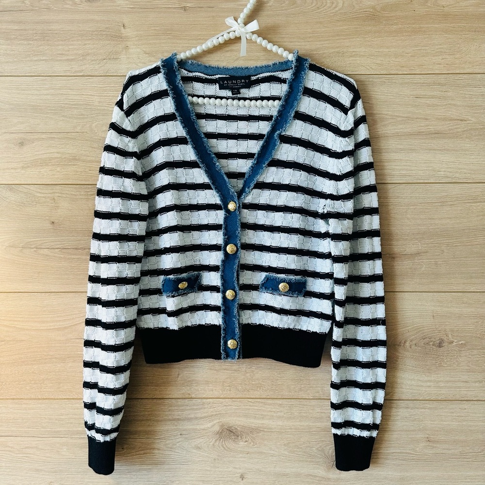Laundry By Shelli Segal Black and White Striped Cardigan